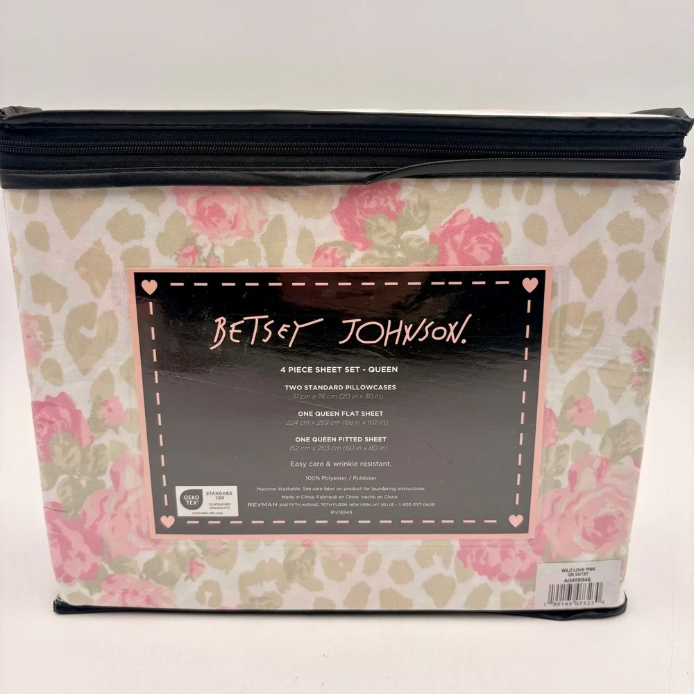 Betsey Johnson Queen 4 Piece Sheet Set‎ Pink Floral Leopard Wild Love Romantic